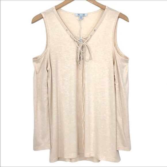 She and Sky Tops - She & Sky Cold Shoulder Top Size M Lace Up V-Neck Long Sleeves Cream New NWT